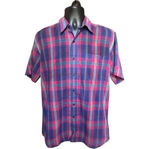 Plaid Button Up Shirt Men’s Large L Short Sleeve Purple Blue Pink Retro